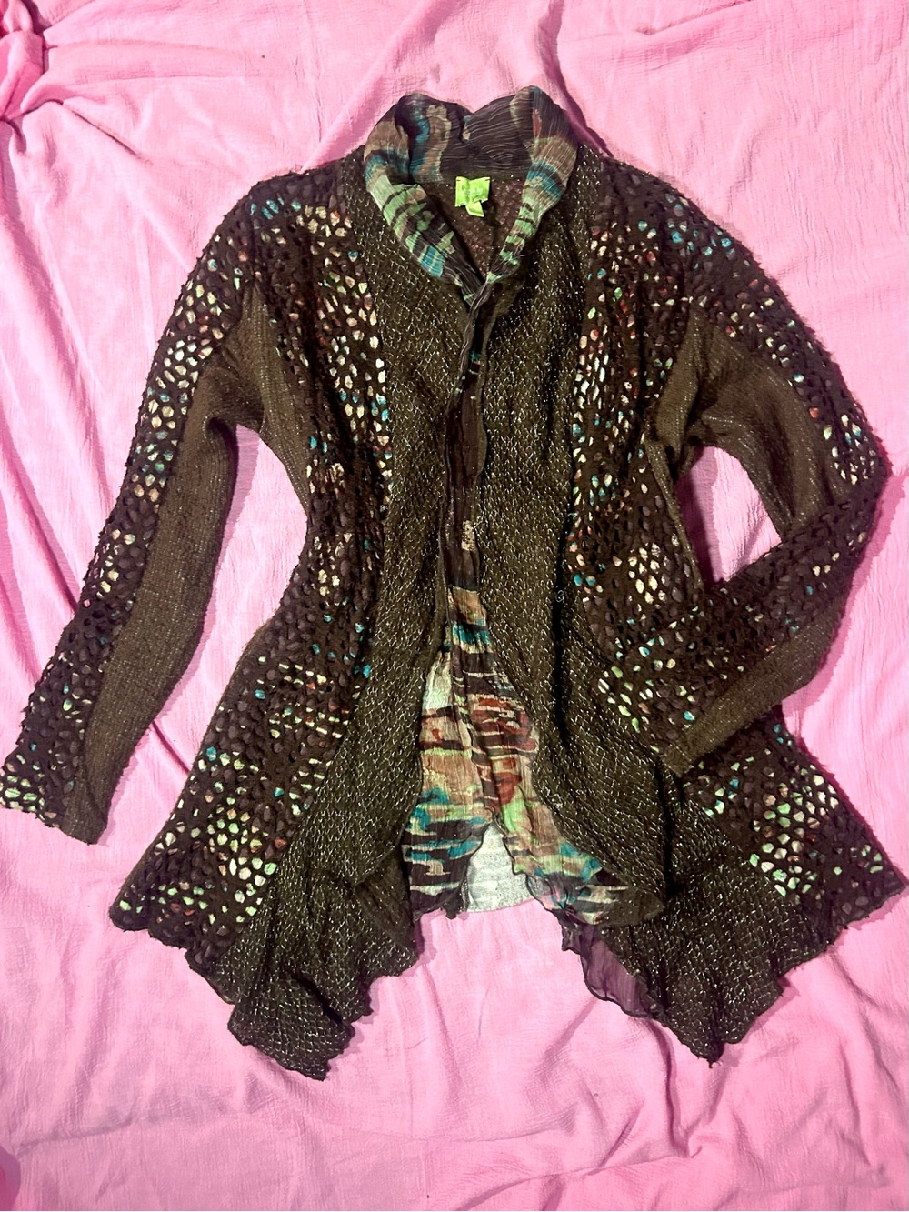 ‘Adam Jacobs’ Asymmetrical Brown Textured Shimmery Cardigan